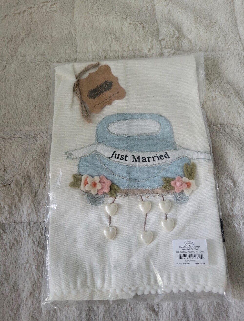 Mud Pie Light Blue Just Married Car Wall Tea Towel Hanging with Pink Flowers
